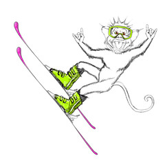 Funny Sketch Monkey with Ski, Glasses and Boots. Fun Ape Skier on a White Background Isolated. Vector Illustration. Free Hand Draw. Freehand Drawing. Extreme Winter Sports. Freestyle Ski Jump.
