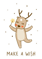 Cute little deer with sparkler isolated on white background - cartoon character for funny Christmas and New Year winter greeting card and poster design