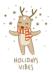Fototapeta premium Cute little deer wearing red striped scarf isolated on white background - cartoon character for funny Christmas and New Year winter greeting card and poster design