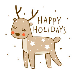 Cute little deer isolated on white background - cartoon character for funny Christmas and New Year winter greeting card and poster design