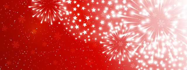 Shiny fireworks on red background - horizontal panoramic banner for Christmas and New Year holiday design