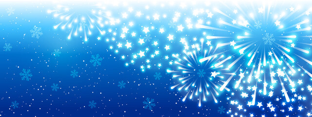 Fototapeta na wymiar Shiny fireworks on blue background - horizontal panoramic banner for Christmas and New Year holiday design