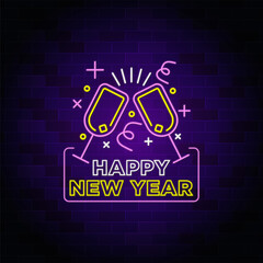 Happy new year neon text with celebration.