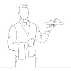 Male waiter with a tray of food drinks at work in a cafe restaurant.