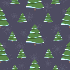 Print for fabric, wrapping paper or wallpaper. New Year celebration. Vector Christmas template. Vector Christmas tree seamless pattern. Winter forest, pine trees and snowflakes