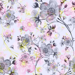  Seamless pattern watercolor gentle spring flowers with buds