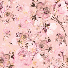  Seamless pattern watercolor gentle spring flowers with buds
