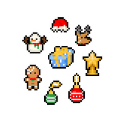 Pixel art cartoon christmas element set.