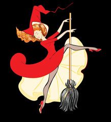 The Cartoon Portrait of a Halloween Witch Riding a Broom. Vector illustration of a Sexy Redhead Girl in Stockings, with a Hat and a Broomstick. Freehand Drawing. Free Hand Draw. Vintage, Pinup Style.
