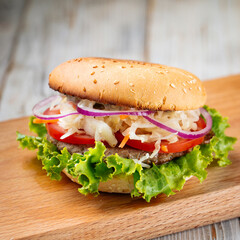 Closeup on hamburger with sauerkraut and lettuce