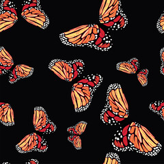 Vector Ornamental Seamless Pattern of Butterfly Wings with a Black Background. Design for Fabric or Wallpaper. Freehand Drawing. Fashion Print for Textile. Seamless Texture. Art Nouveau Style.