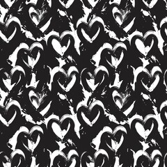 Black and White Heart shaped brush stroke seamless pattern background