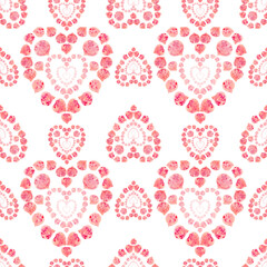 watercolor rose petals heart shaped seamless pattern on white background. Love repeating print. Ornament for textiles, tiles, wallpapers, fabrics, wrappers.