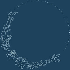 Floral Wreath branch in hand drawn style. Floral round blue and sky-blue frame of twigs, leaves and flowers. Frames for the Valentine's day, wedding decor, logo and identity template.