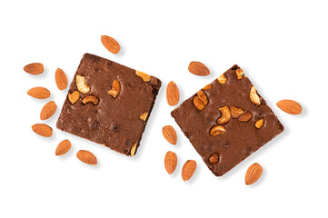 Top view Chocolate brownie cake with almond isolated on white
