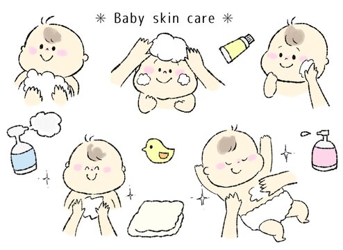赤ちゃんのスキンケアのイラストセット