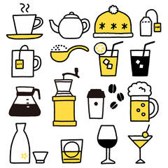 お茶やお酒などいろんな飲み物のアイコンセット　手描き風