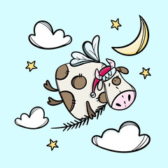 COW WITH CHRISTMAS TREE BRANCH New Year Vector Illustration Set