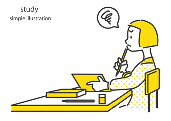 勉強で困っている女の子のイラスト　シンプルでおしゃれな線画
