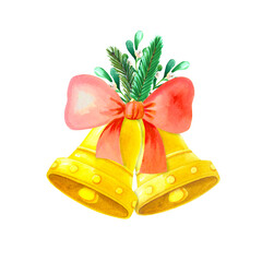 Watercolor yellow gold bell with red bow,bunch of mistletoe,green tree on white background.Watercolour Illustration for Merry Christmas