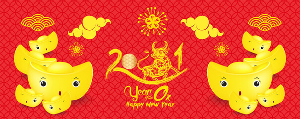 Happy Chinese new year 2021 chinese gold ingots, the year of the ox zodiac, Year of the ox banner