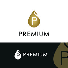 Initial Letter P in Luxury Golden Water drop / droplet icon. Cosmetic, salon, beauty, olive oil business logo vector concept
