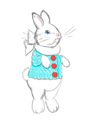 Cute Sketch Bunny with Knit Baby Sweater and Scarf. Beautiful and Adorable Small Rabbit. Vector illustration. Free Hand Drawing. Freehand Sketch	