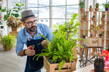 An elderly man wearing handsome glasses and a beard enjoys taking care of trees, pruning trees with...