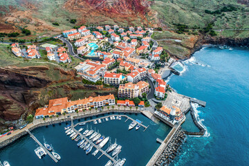 Aerial view of Quinta do Lorde smal village hotel on coast of the Portuguese island of Madeira with...