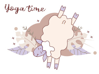 Yoga time. Cute lamb go in for sports and fitness. Farm animal yoga - playful sheep Jumping and standing on its front legs on a decorative background with tropical leaves and decor. Vector. Isolated