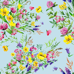 Seamless pattern and Watercolor illustration field of grass and flowers