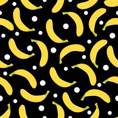 Banana and White Dot Seamless Pattern. Black Background. Vector Design Illustration.