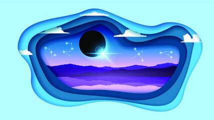 Abstract Paper Cut Sky Night Background With Eclipse Constellations Mountains Water Clouds Midnight Vector Style