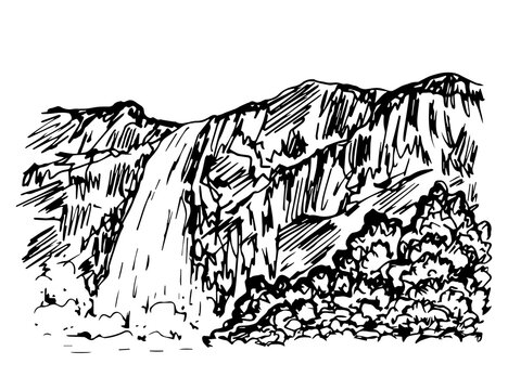 Hand-drawn vector drawing in engraving style. Wildlife, mountain landscape, waterfall, trees, rocks. Nature, recreation and travel. For prints of cards, labels.