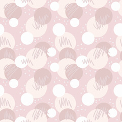 Nude and pink abstract pattern vector background, girly pastel wallpaper, circles and doodles, white dots.