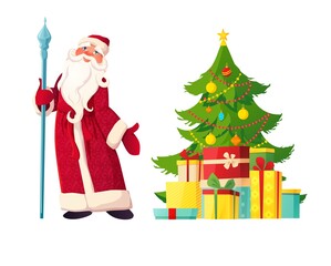 Russian Father Frost with stick in red clothes, decorated Christmas tree, gift boxes. Character Santa Claus or Ded Moroz. Cartoon vector illustration art.