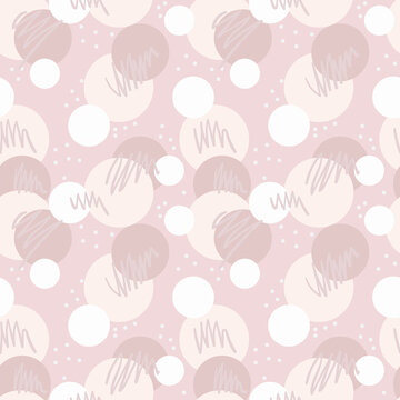 Nude and pink abstract pattern vector background, girly pastel wallpaper, circles and doodles, white dots.