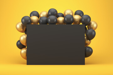 Black Friday. Illustrations for advertising. A lot of black balloons around a black blank board on a yellow background. 3d render illustration.