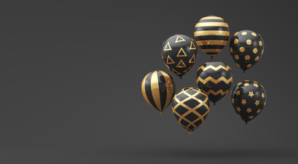 3D rendering. Black Friday sale banners with black balloons with gold decor on a black background.