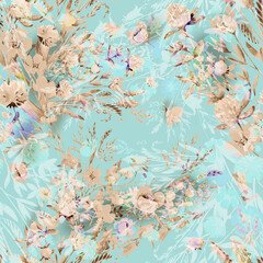 Seamless pattern and Watercolor illustration field of grass and flowers