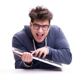 Funny nerd man working on computer isolated on white