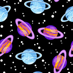 Saturn and Uranus abstract seamless space pattern background with planets with rings. Solar system planets children wallpaper texture tile. Vector stock image © Olga