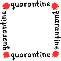 Vector background, frame, border with word quarantine and molecules, cells of virus, bacteria. Pandemic, epidemic covid-19. Theme of coronavirus, isolation. Flat doodle design isolated