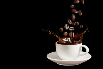 Coffee splashes with falling coffee beans on dark background