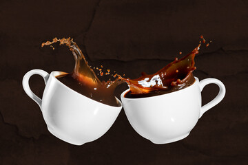 coffee cheers with splash effect on brown stony background