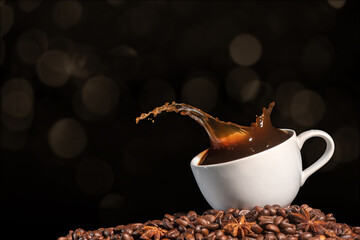 Coffee advertising design. cup of coffee and a transparent splash of coffee on coffee beans