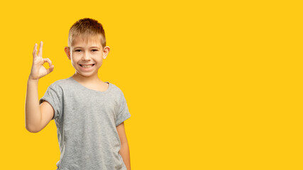 Kid choice. Commercial background. Approval sign. Perfect idea. Portrait of satisfied cheerful happy boy in gray t-shirt showing OK gesture smiling isolated on yellow copy space.