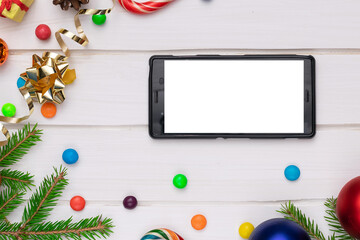 Christmas background, green fir branches, red and blue ball, gift box, white boards