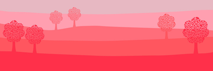 A landscape scene with multi shades of pink trees. There’re leaf pattern inside each tree.