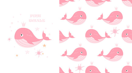 Postcard with whales. Vector seamless background with cartoon whales.